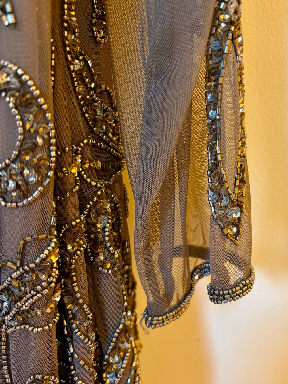 Adrianna Papell Mocha Beaded Sheer Overlay Evening Dress - Picture 10 of 12